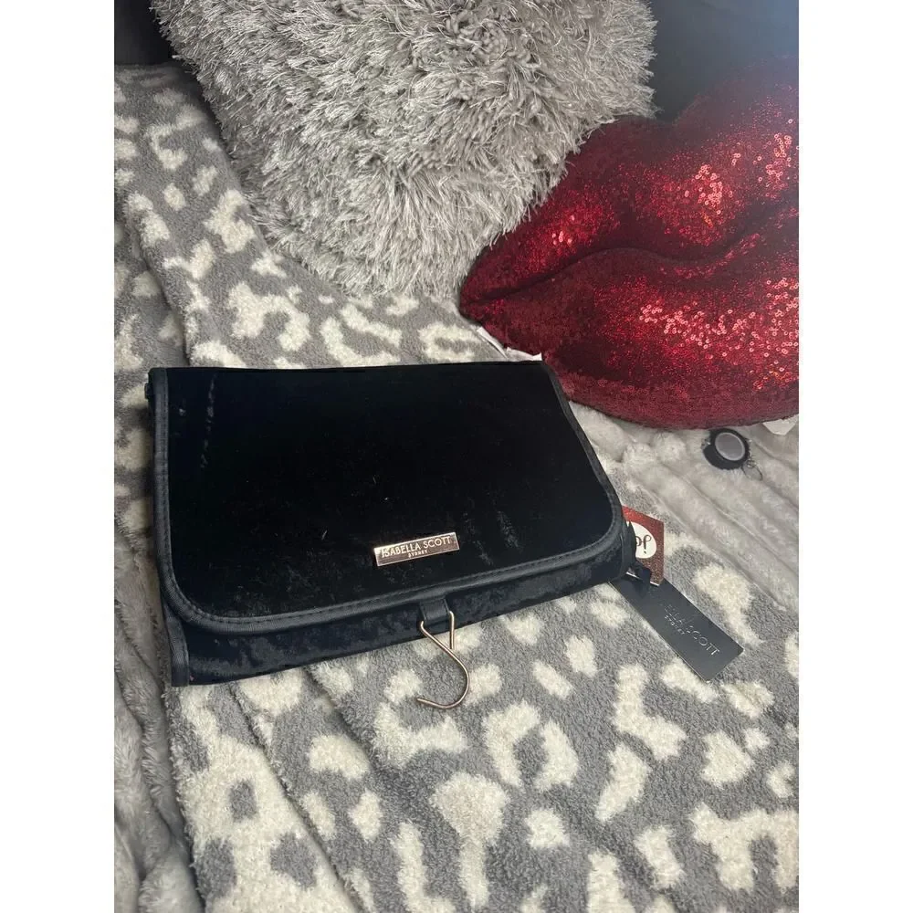 Isabella scott nwt black crushed velvet travel cosmetic beauty case pouch bag